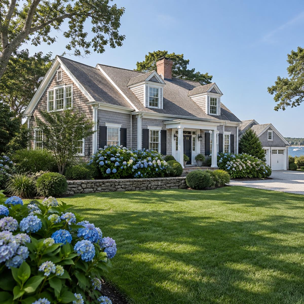 Beautifully maintained Cape Cod home with lawn and hydrangeas